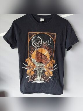 Black Opeth Graphic Concert Tee with Orange and White Design